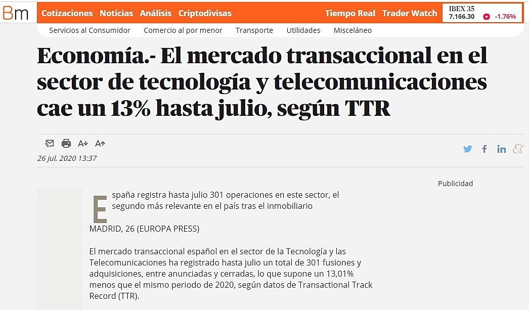 El mercado transaccional en el sector de tecnologa y telecomunicaciones cae un 13% hasta julio, segn TTR